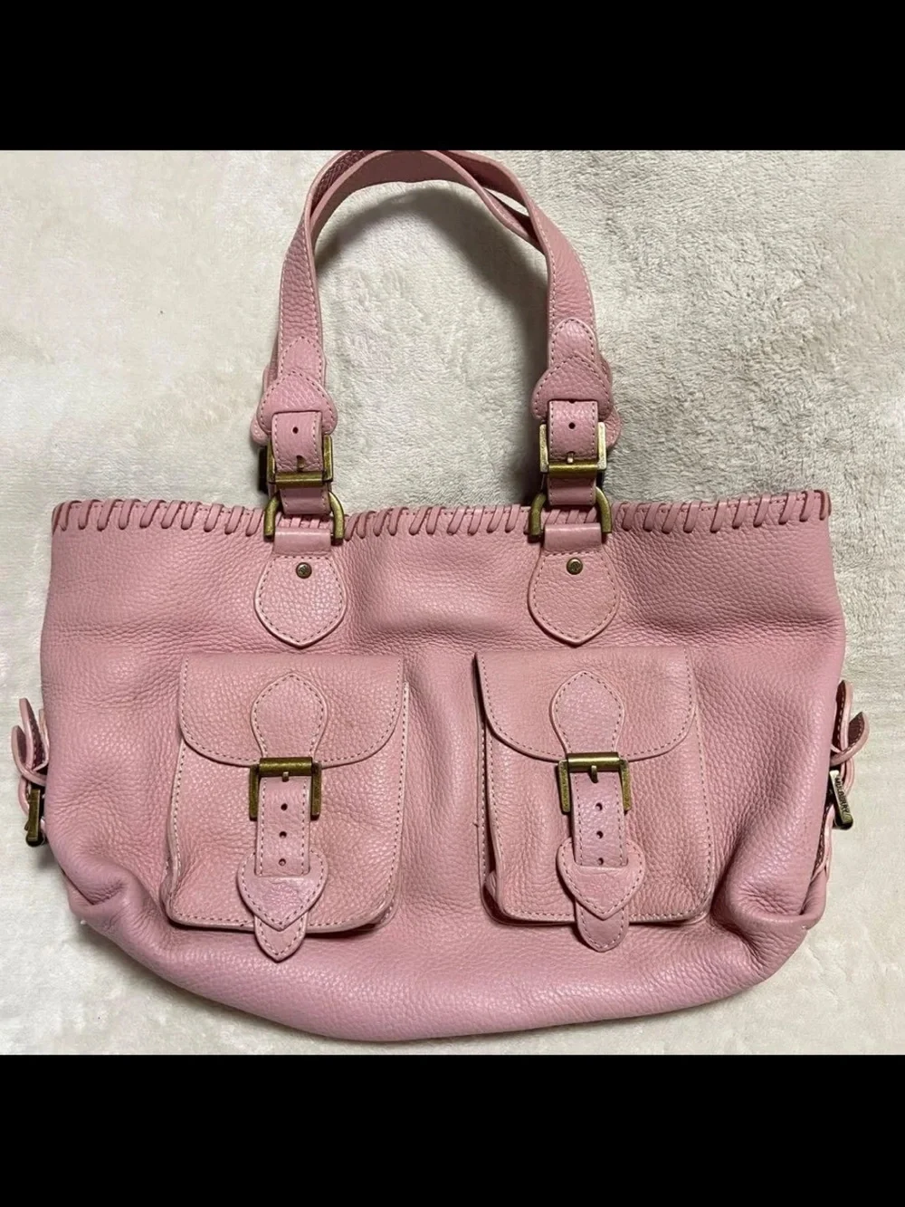 Mulberry Pink Leather Shoulder Bag with Front Buckle Pockets